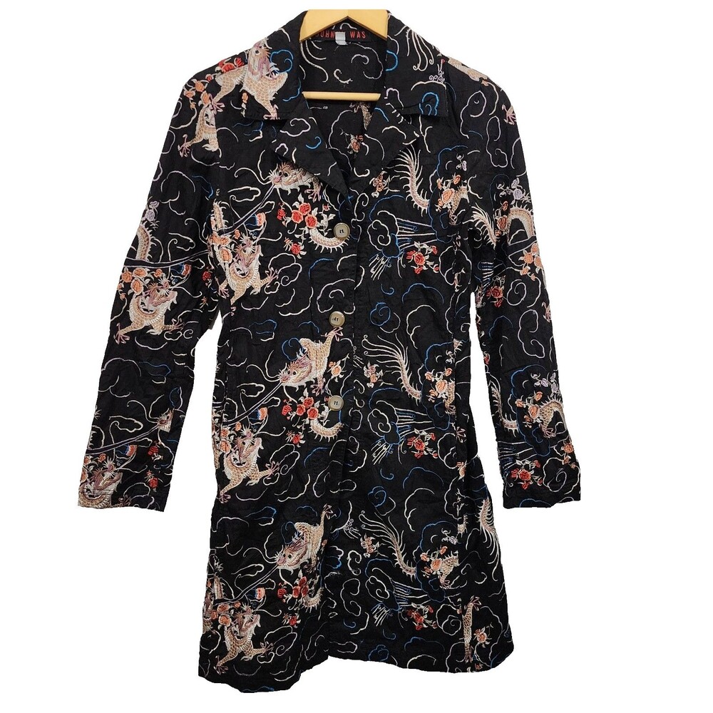 Johnny Was Dragon Floral Embroidered Cotton Trench Coat Black Womens XS